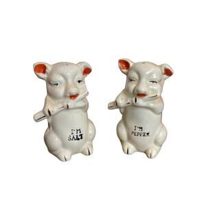 Pig Salt and Pepper Shakers Set Vintage Japan Flute Kitschy Anthropomorphic Pink